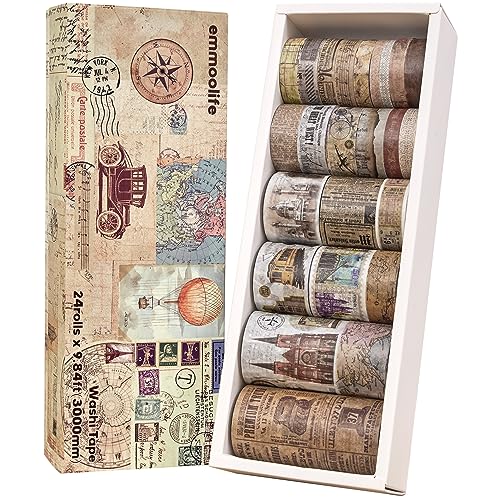 emmoolife 24 Rolls Vintage Washi Tape Set Antique Car Buildings Map Stamp Stripe Writable Aesthetic Washy Decorative Tapes for Scrapbooking Junk Journal Supplies Bullet Journaling 575mm Wide 3m LongRoll - Image 1