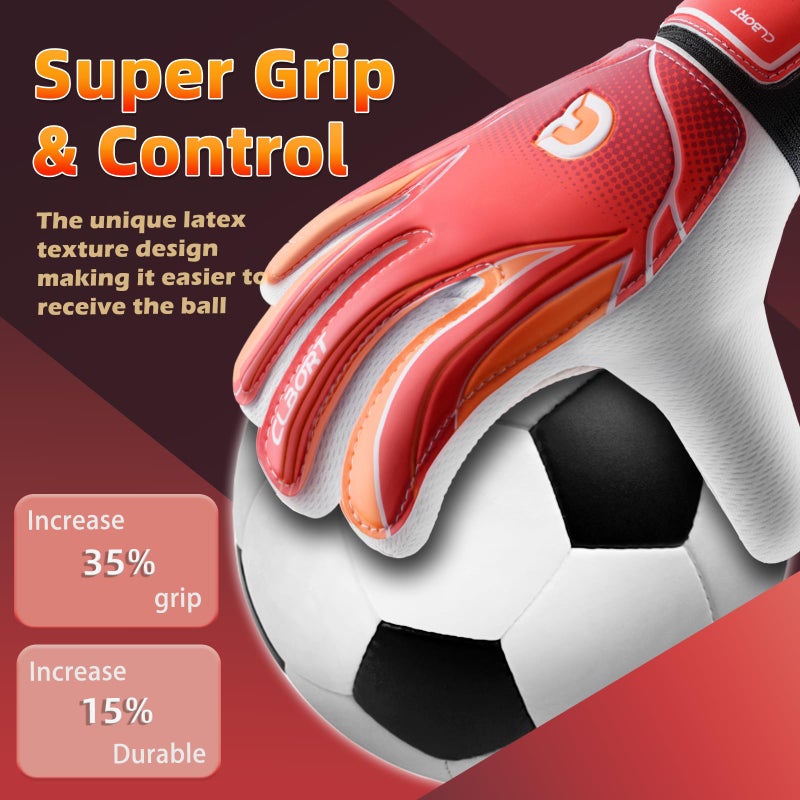 Clbort Soccer Goalie Gloves Youth Kids, Goalkeeper Gloves with Super Grip Palms, Anti-Slip Soccer Gloves, Double Wrist Protection (Red, 7) - Image 2