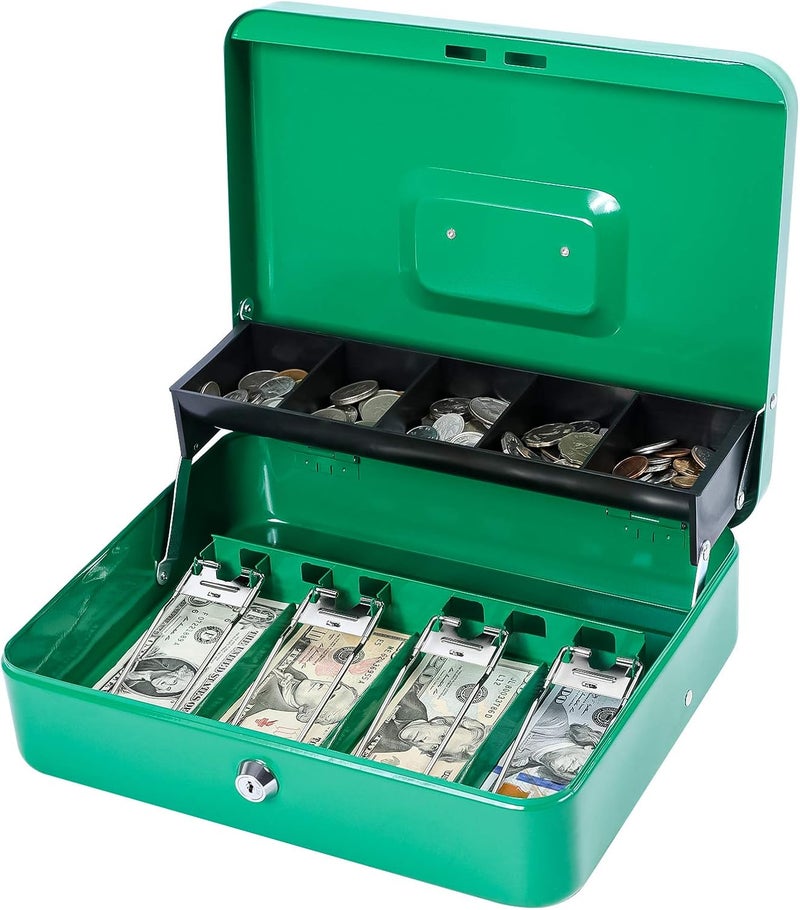KYODOLED Locking Cash Box with Lock,Money Box with Cash Tray,Lock Safe Box with Key,Money Saving Organizer,11.81Lx 9.45Wx 3.54H Inches,Green XL Large - Image 1