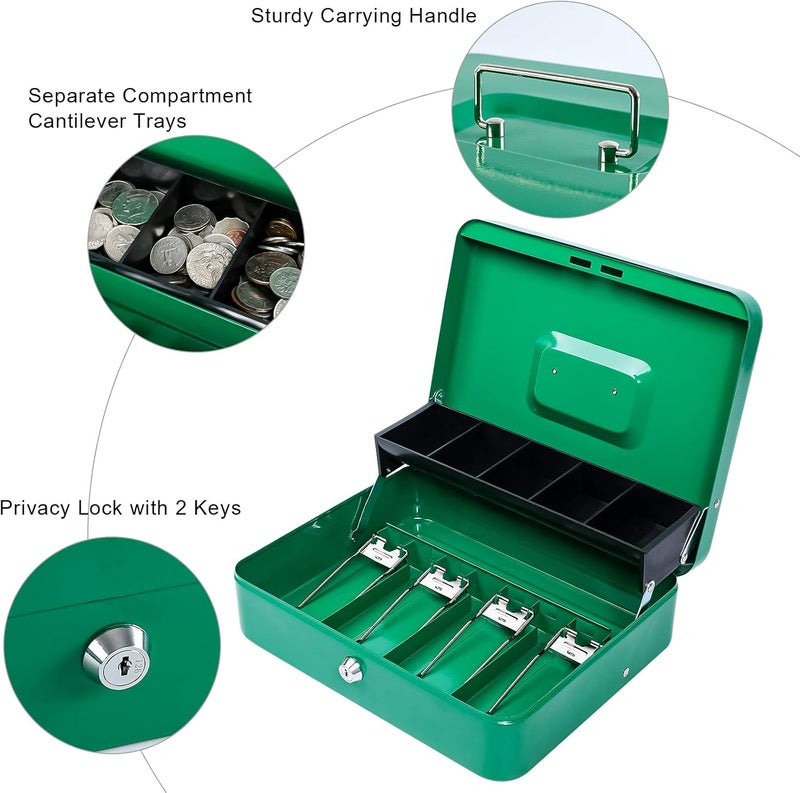 KYODOLED Locking Cash Box with Lock,Money Box with Cash Tray,Lock Safe Box with Key,Money Saving Organizer,11.81Lx 9.45Wx 3.54H Inches,Green XL Large - Image 2