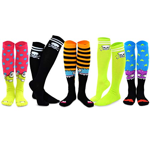 TeeHee Socks TeeHee Novelty Knee High Fun Socks for Women and Junior Halloween 5-Pair (Skull Varsity Pirate Monster) - Image 1