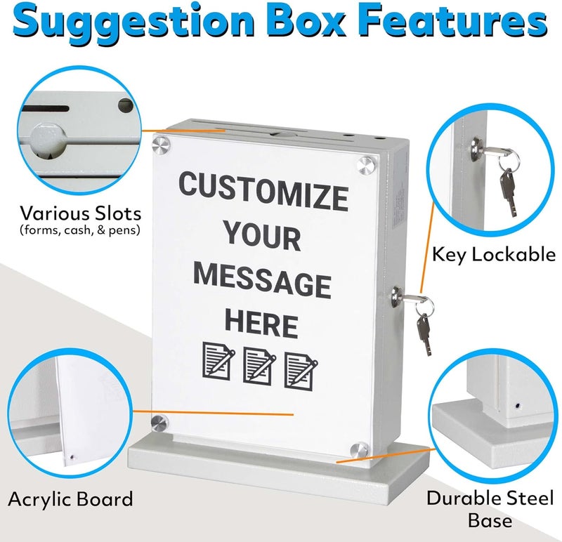 PHOCAR Large Suggestion Box With Slot and Lock - Metal Wall Mounted Ballot Box, Donation Case, Safe Lock Tip Jar For Fundraising, Hotel, Bar and School Voting Use (White, 10'' x 4.75'' x 12.5'') - Image 3