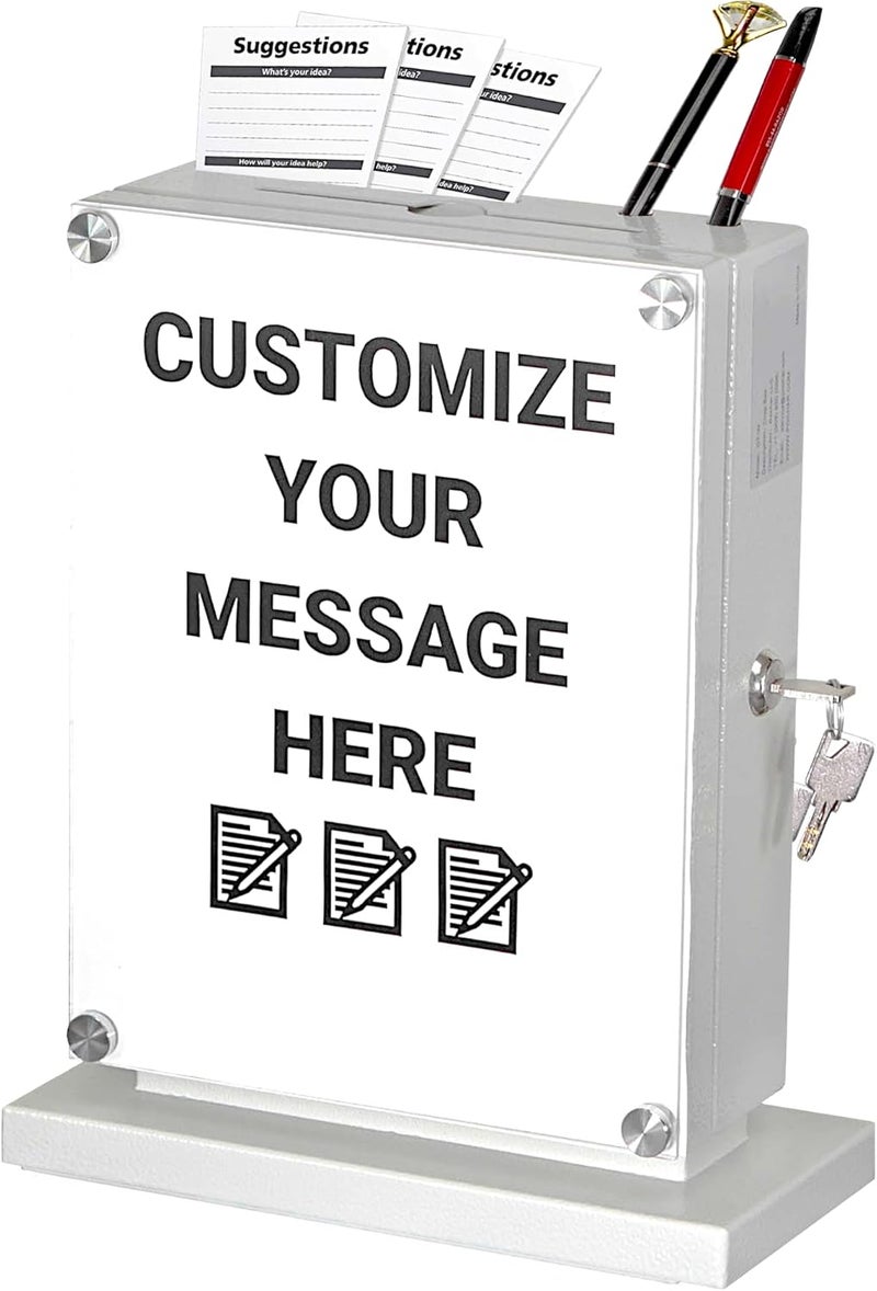 PHOCAR Large Suggestion Box With Slot and Lock - Metal Wall Mounted Ballot Box, Donation Case, Safe Lock Tip Jar For Fundraising, Hotel, Bar and School Voting Use (White, 10'' x 4.75'' x 12.5'') - Image 1
