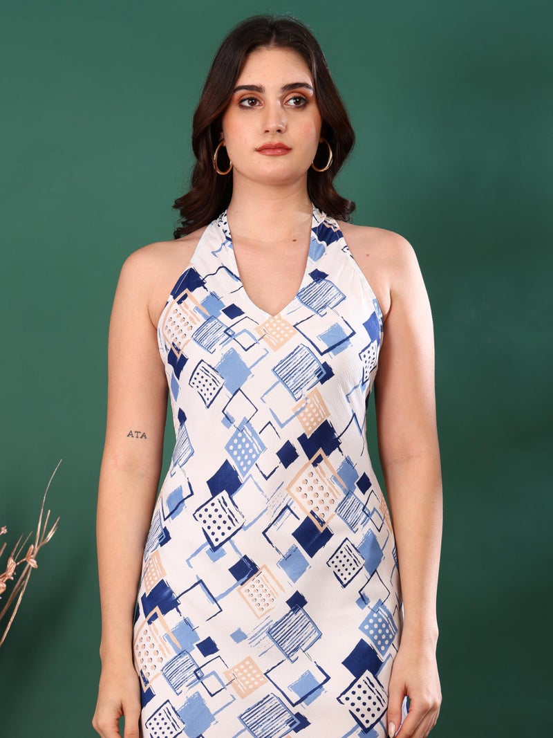 Yash Gallery Women’s Delta Fabric Geometric Print Sleeveless A- Line Halter Neck Mini Dress (Blue) - Image 4