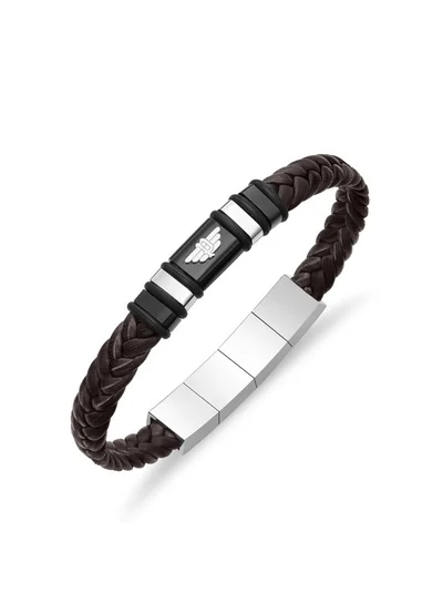 POLICE Weavebreaker Bracelet Braided Brown Leather with Black Wing Logo Plaque and P Logo Closure Bold Men's Style