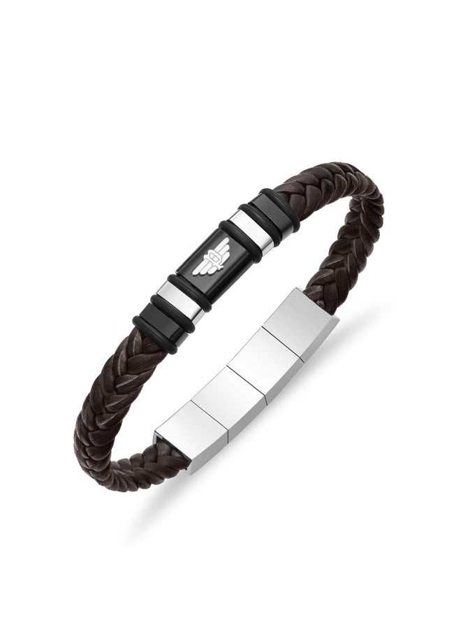 POLICE Weavebreaker BraceletBraided Brown Leather with Black Wing Logo Plaque and P Logo ClosureBold Men's Style  - Image 1
