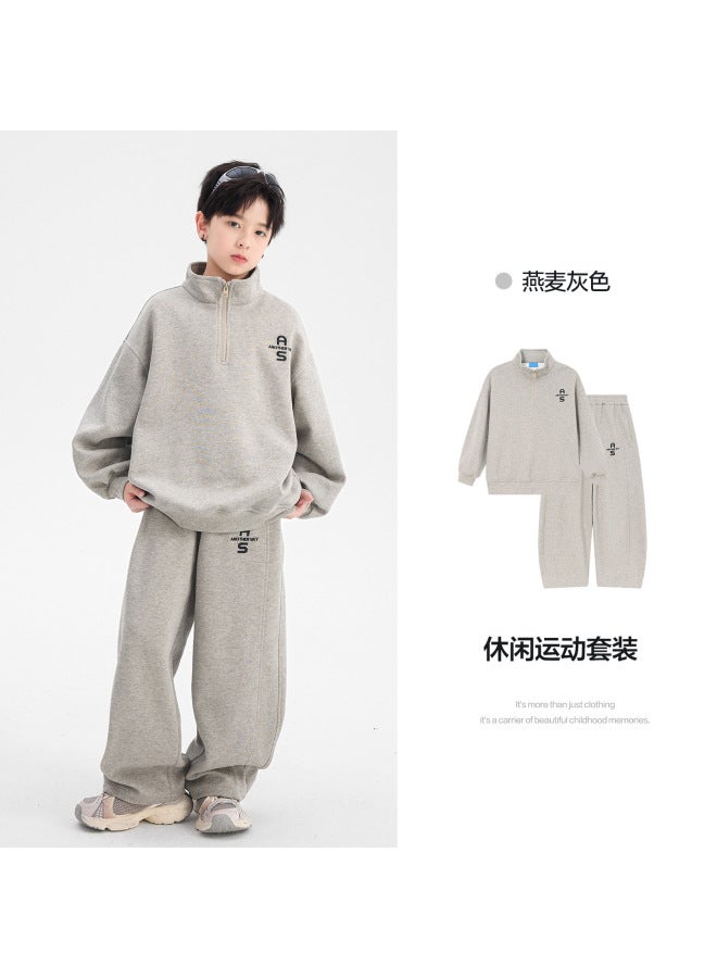 Boys' Spring And Autumn Korean Style Half-zip Outdoor Sports Sweatshirt Set  New Children's Boys Loose Two-piece Set