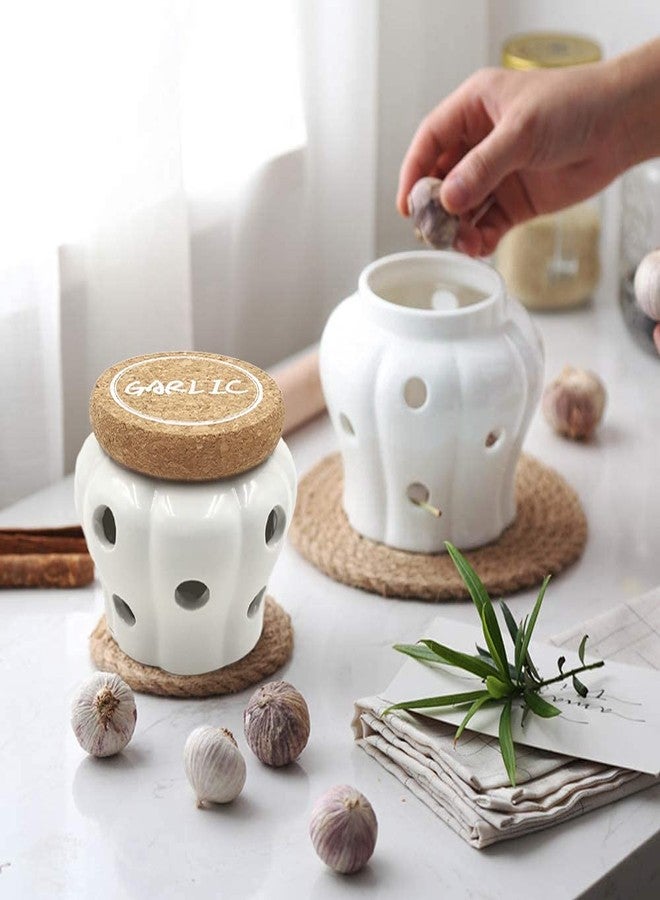 شين لي تونج وعاء تخزين ثوم ريفي من شينلي، مصنوع من السيراميك الأبيض مع غطاء من الفلين الطبيعي. الأبعاد: 4.3 × 4.3 × 3.7 بوصة - Image 3