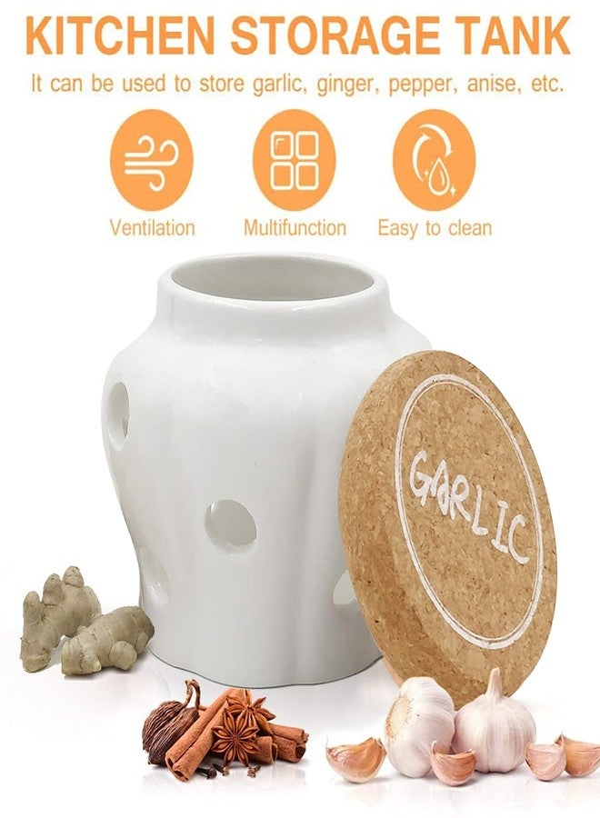 شين لي تونج وعاء تخزين ثوم ريفي من شينلي، مصنوع من السيراميك الأبيض مع غطاء من الفلين الطبيعي. الأبعاد: 4.3 × 4.3 × 3.7 بوصة - Image 5