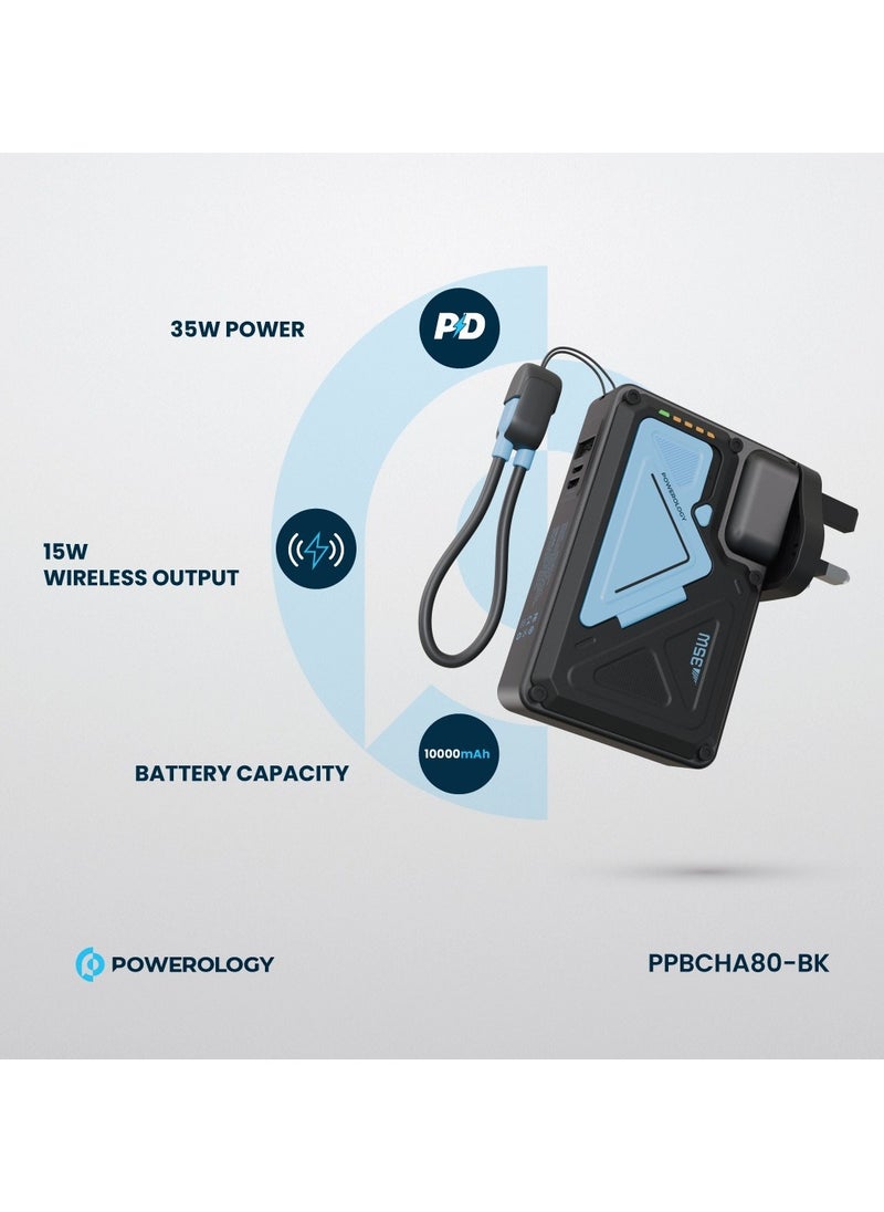 Powerology - 10000mAh MagSafe Power Bank PD 35W Fast Charging Wall Charger 10000 mAh with Built-in AC Plug & 15W Wireless Charging / USB-C to USB-C Wire / 4-Device Charging Powerbank / Lightning Input/Output / Simultaneous Charging - Black & Blue - Image 1