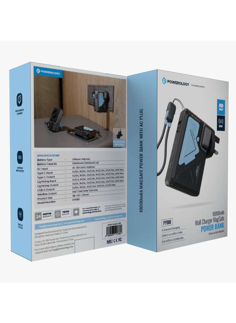 Powerology - 10000mAh MagSafe Power Bank PD 35W Fast Charging Wall Charger 10000 mAh with Built-in AC Plug & 15W Wireless Charging / USB-C to USB-C Wire / 4-Device Charging Powerbank / Lightning Input/Output / Simultaneous Charging - Black & Blue - Image 1