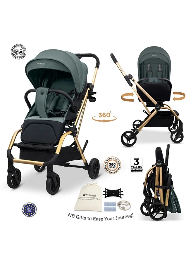 نيوبريز عربة أطفال دوارة  درجة خفيفة الوزن للسفر، مقبض قابل للعكس، قابلة للطي بيد واحدة، مظلة مقاومة للماء بعامل حماية +، ضمان  سنوات