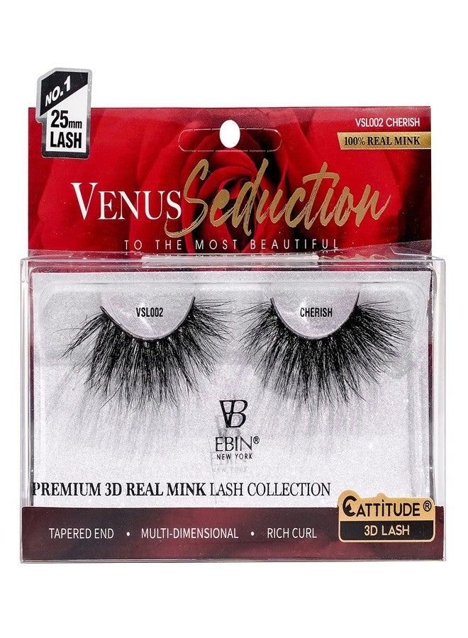 EBIN NEW YORK CATTITUDE 3D LASHES Venus Seduction Lashes | 25mm Reusable 100% Real Mink 3D Lashes Fluffy Cat Eye Look Volume Curl Lashes | Multi-dimensional | Rich curl | Tapered end - Cherish - Image 1