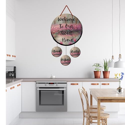GENXTRA® Wooden Welcome Home Round MDF “Welcome To Our Sweet Home” Wall Hanging with 3 Mini “Good Vibes Only” Charms – Decorative Wooden Plaque Set of 4 for Entryway & Living Room, or Balcony | Decorative Plaques for Housewarming (HOME_02) - Image 3