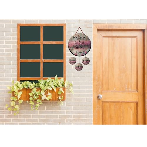 GENXTRA® Wooden Welcome Home Round MDF “Welcome To Our Sweet Home” Wall Hanging with 3 Mini “Good Vibes Only” Charms – Decorative Wooden Plaque Set of 4 for Entryway & Living Room, or Balcony | Decorative Plaques for Housewarming (HOME_02) - Image 2