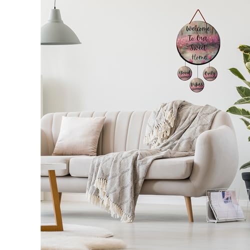 GENXTRA® Wooden Welcome Home Round MDF “Welcome To Our Sweet Home” Wall Hanging with 3 Mini “Good Vibes Only” Charms – Decorative Wooden Plaque Set of 4 for Entryway & Living Room, or Balcony | Decorative Plaques for Housewarming (HOME_02) - Image 5