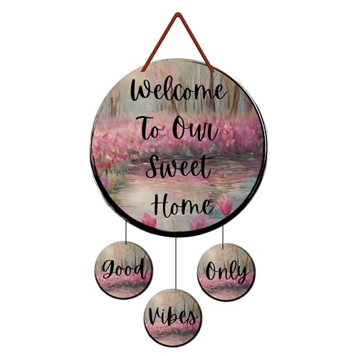 GENXTRA® Wooden Welcome Home Round MDF “Welcome To Our Sweet Home” Wall Hanging with 3 Mini “Good Vibes Only” Charms – Decorative Wooden Plaque Set of 4 for Entryway & Living Room, or Balcony | Decorative Plaques for Housewarming (HOME_02) - Image 1