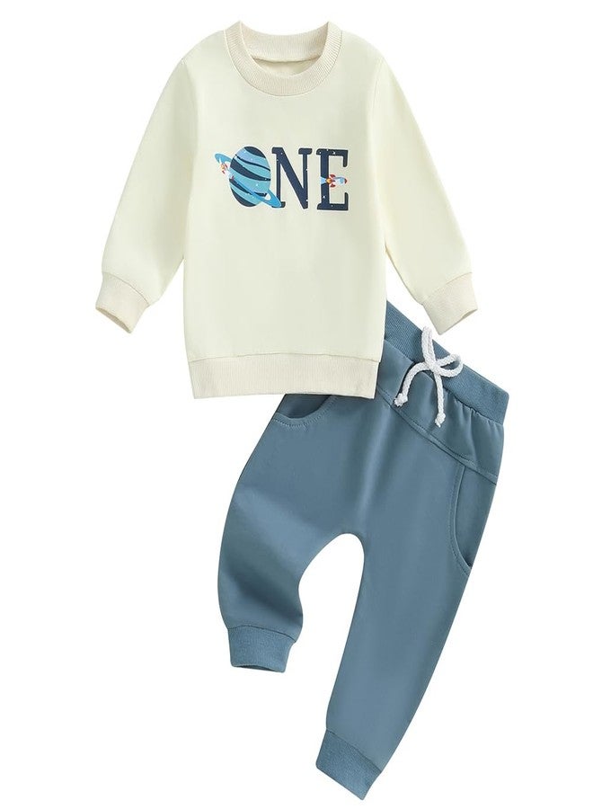 Pudcoco Toddler Baby Boys First Birthday Outfit 1st Birthday Space One Sweatshirt and Jogger Pants Set (Blue, 12-18 Months) - Image 1