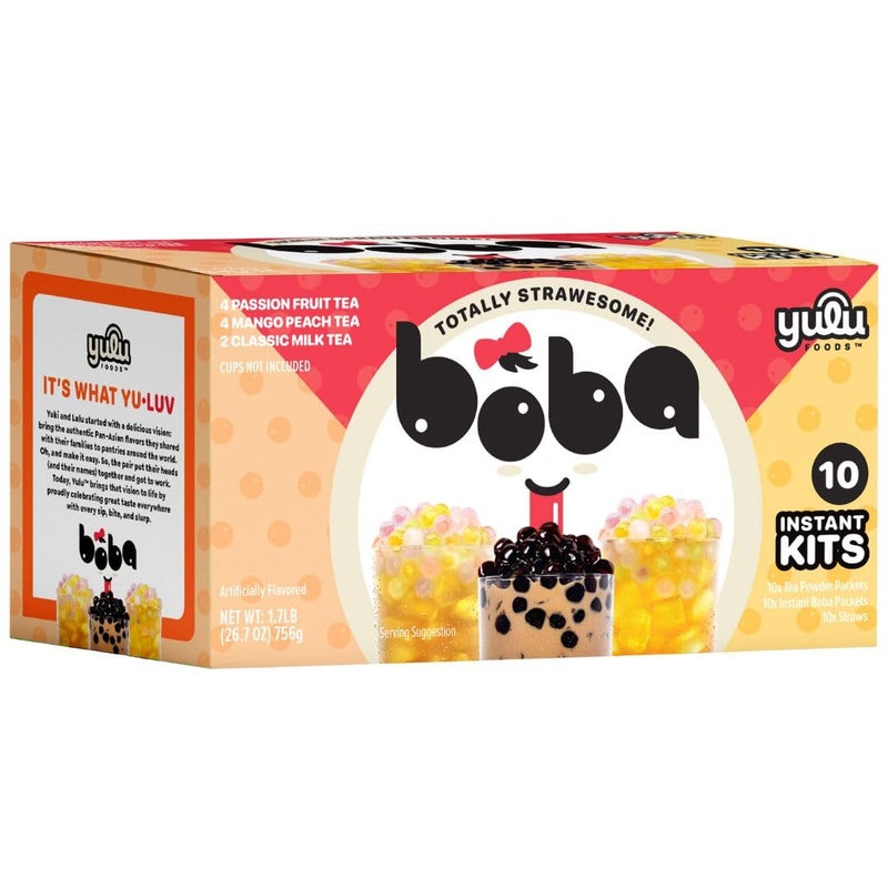 Boba Bundle Kit 10 Serv. Instant Bubble Pearl Variety Milk Tea Kit with Authentic Brown Sugar Tapioca Pearls by Yulu Foods - Ready in Under 1 Minute, Includes Paper Straws - Gift Box, Holiday (Classic, Mango Peach, Passionfruit) - Image 1