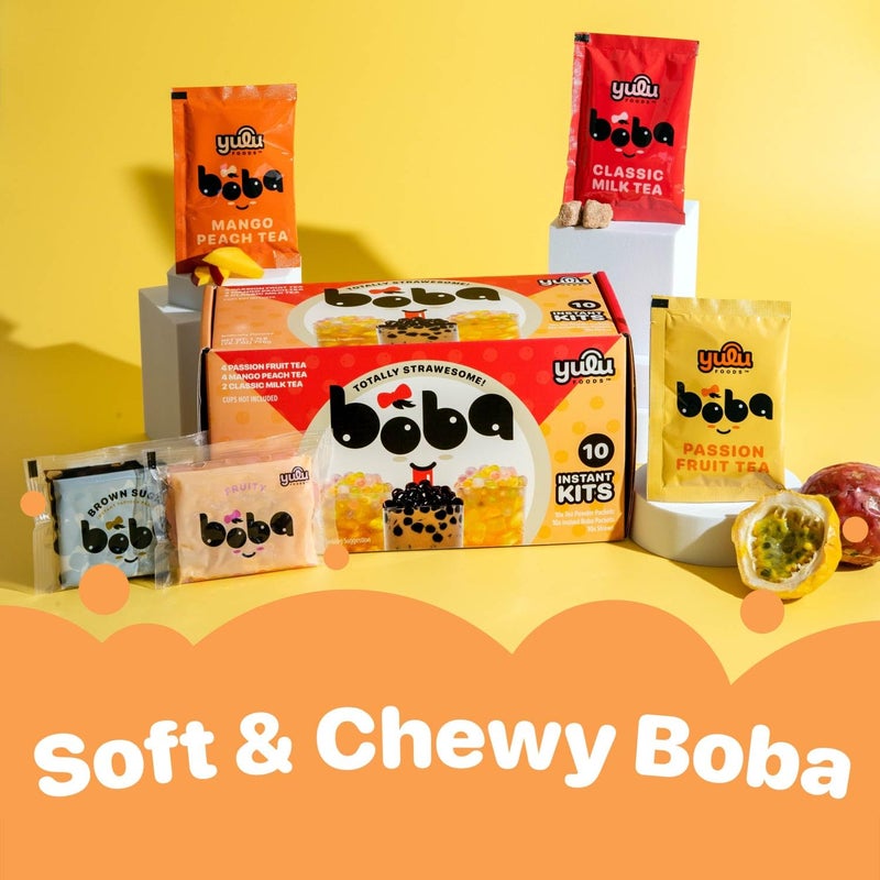 Boba Bundle Kit 10 Serv. Instant Bubble Pearl Variety Milk Tea Kit with Authentic Brown Sugar Tapioca Pearls by Yulu Foods - Ready in Under 1 Minute, Includes Paper Straws - Gift Box, Holiday (Classic, Mango Peach, Passionfruit) - Image 2