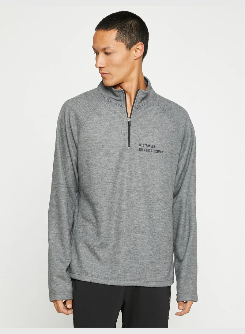 كوتون Basic Sport Sweatshirt High Neck Zippered Slogan Printed