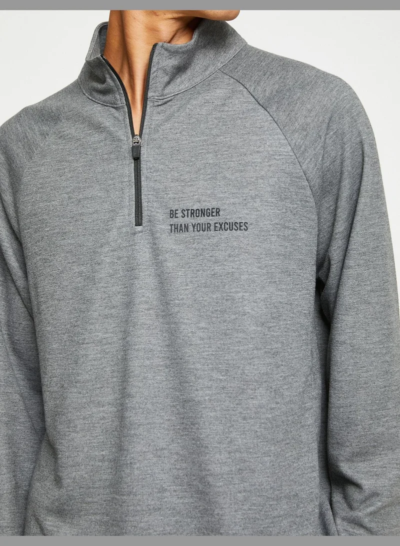 كوتون Basic Sport Sweatshirt High Neck Zippered Slogan Printed