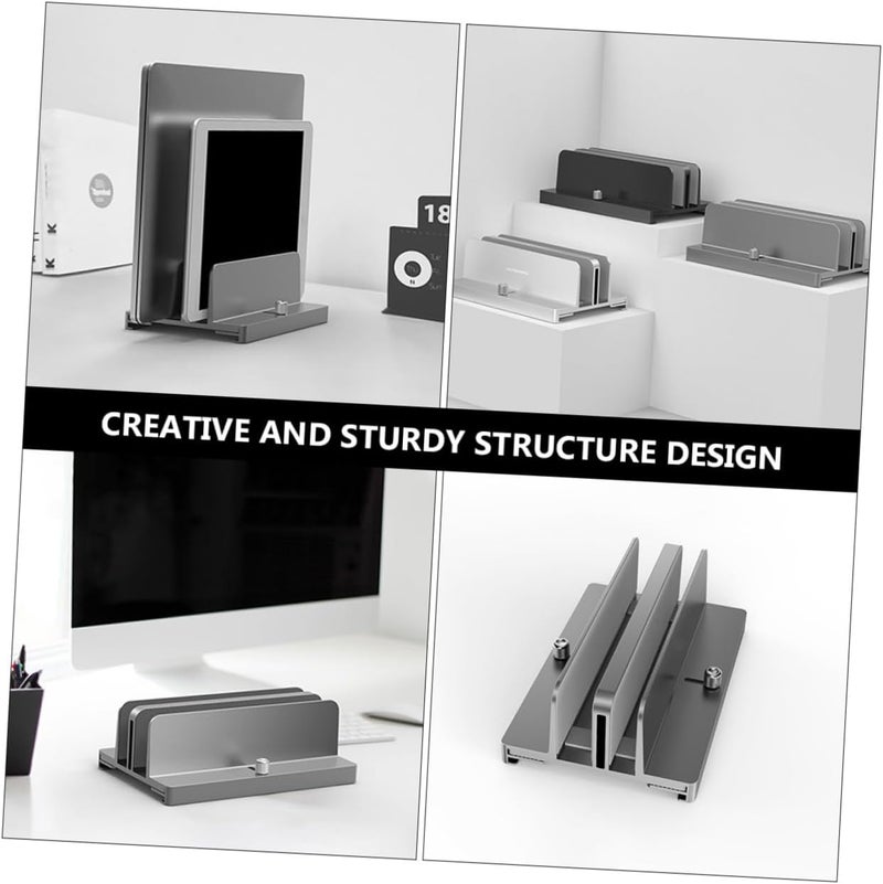 KALLORY Aluminum Alloy Laptop Stand Adjustable Width Dual Slot Vertical Rack for Desk Use Compatible with Tablets and Laptops Gray - Image 3
