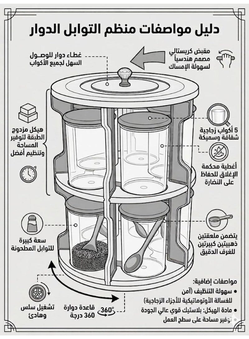 سبيس شوب منظم توابل دوار 360 درجة مع 5 برطمانات أكريليك متينة  تصميم مزدوج الطبقات موفر للمساحة حاويات شفافة غير قابلة للكسر بأغطية محكمة الإغلاق وملعقتين ذهبيتين  حل أنيق لتخزين أدوات المطبخ - Image 2