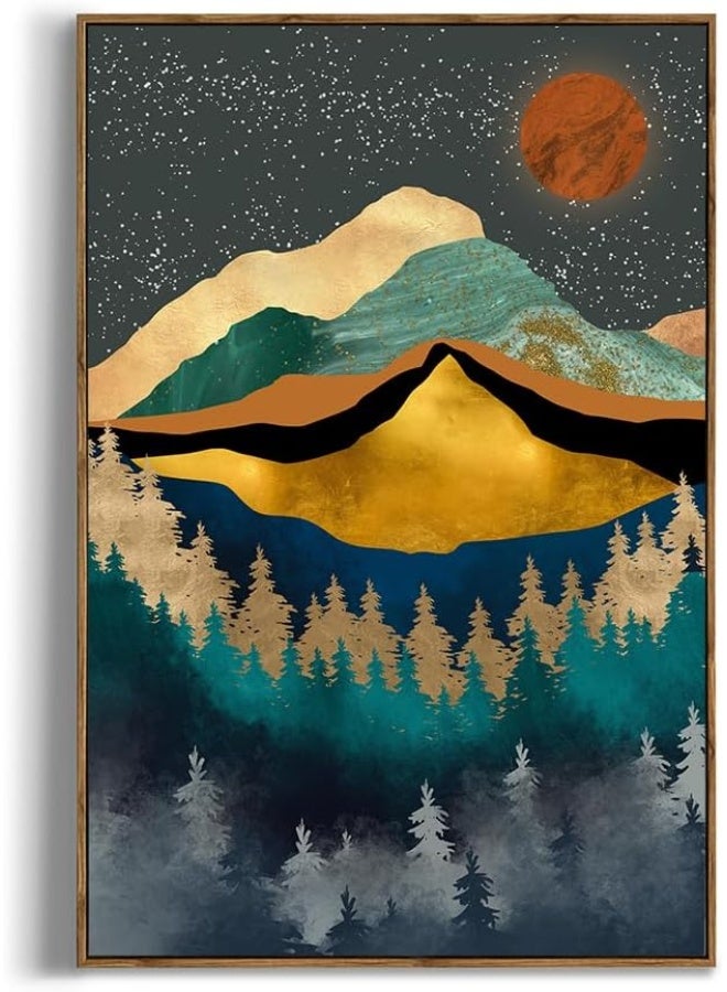 YUMKNOW Framed Canvas Wall Art for Bedroom - Large Oversize 24x36 Ready to Hang Living Room - Modern Boho Moody Room Decor - Texured Metallic Mountain Moon Sun - Emerald Green Marble Golden Nature Tree Forest - Image 1