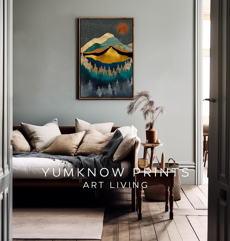 YUMKNOW Framed Canvas Wall Art for Bedroom - Large Oversize 24x36 Ready to Hang Living Room - Modern Boho Moody Room Decor - Texured Metallic Mountain Moon Sun - Emerald Green Marble Golden Nature Tree Forest - Image 4