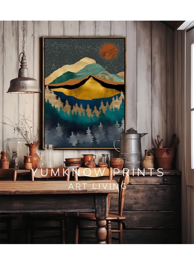 YUMKNOW Framed Canvas Wall Art for Bedroom - Large Oversize 24x36 Ready to Hang Living Room - Modern Boho Moody Room Decor - Texured Metallic Mountain Moon Sun - Emerald Green Marble Golden Nature Tree Forest - Image 5