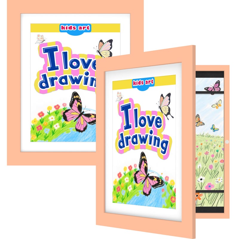 FrameWorks 2Pack 10x125 Pink Wooden Kids Art Frame with Magnetic Door Display for 3D Artwork Photos Crafts Gallery Style Edges Wall Decor for Home Playroom Easy Access Frame for Creativity