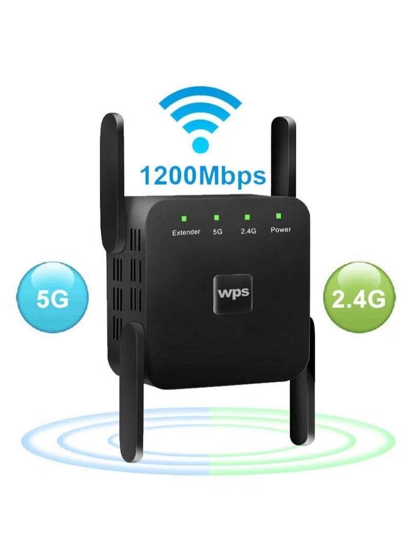 نيو هامبشاير موسع نطاق واي فاي 2.4G/5G مزدوج النطاق، سرعة 1200 ميجابت/ث مع منفذ إيثرنت (أسود) - Image 1