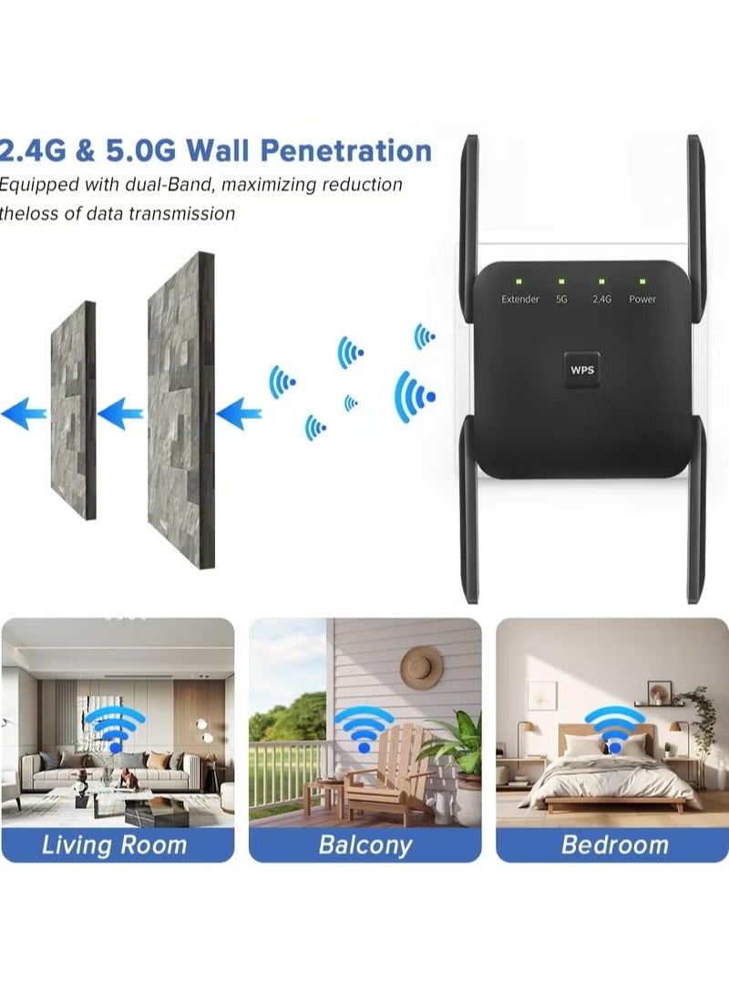نيو هامبشاير موسع نطاق واي فاي 2.4G/5G مزدوج النطاق، سرعة 1200 ميجابت/ث مع منفذ إيثرنت (أسود) - Image 2