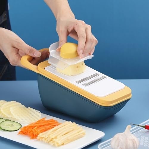 Potency Stainless Steel Mandoline Food Slicer With Container - For Kitchen, Potato, Tomato, Carrot, Onion - Julienne Shredder (Yellow) - Image 3