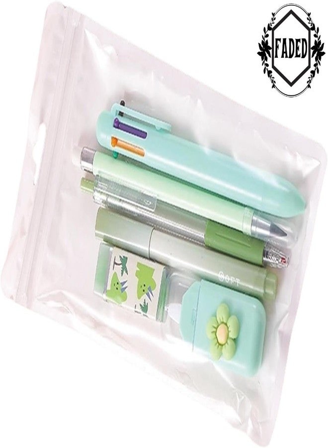 Faded 7 Pcs Stationery Set Kawaii School Supplies Office Supplies Including Ballpoint Pens Pencil Sharpener Highlighter Correction Tape Ruler Mini Cutter (Green) - Image 4