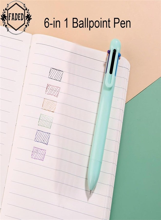 Faded 7 Pcs Stationery Set Kawaii School Supplies Office Supplies Including Ballpoint Pens Pencil Sharpener Highlighter Correction Tape Ruler Mini Cutter (Green) - Image 2