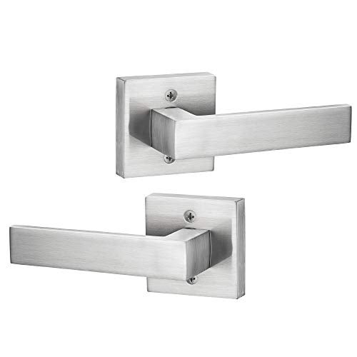 Berlin Modisch Contemporary Square Dummy Lever Door Handle Pack of 2 Non-Turning Single Side Pull Only Lever Set [for Closet or French Doors] Heavy Duty - Satin Nickel Finish - Image 1