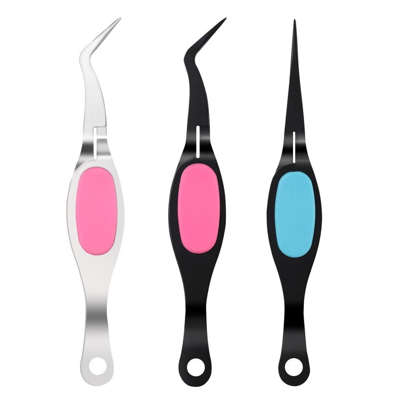 KINBOM Craft Tweezers 3pcs Soft Grip Tweezers Stainless Steel Reverse Tweezers with Curved Tip and Straight Tip Jewelry Making Tools Accessories for Craft Beading Eyelash Nail Art Laboratory