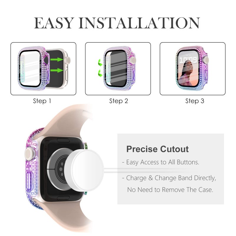 Wingle 6 Pack for Apple Watch Case 44mm Series SE 3/2/1 6 5 4 Screen Protector, Over 200 Bling Crystal Diamond Apple Watch Face Cover Bumper with Tempered Glass Protector for Women iWatch 6 5 4 44 mm - Image 5