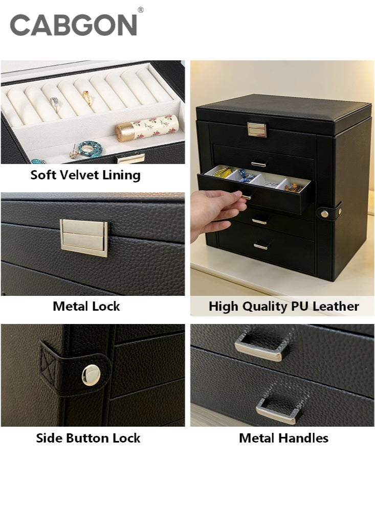 CABGON Large Jewelry Box for Women Girls, 6-Tier PU Leather Jewelry Organizer with Mirror, Velvet Lining Storage Case for Earrings Rings Necklaces Bracelets, Black - Image 5