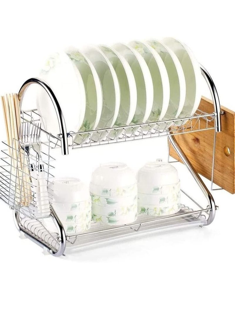 2-Tier Stainless Steel Dish Rack with Cutting Board For Kitchen Silver,Z991D9B245884443DC13EZ - Image 1