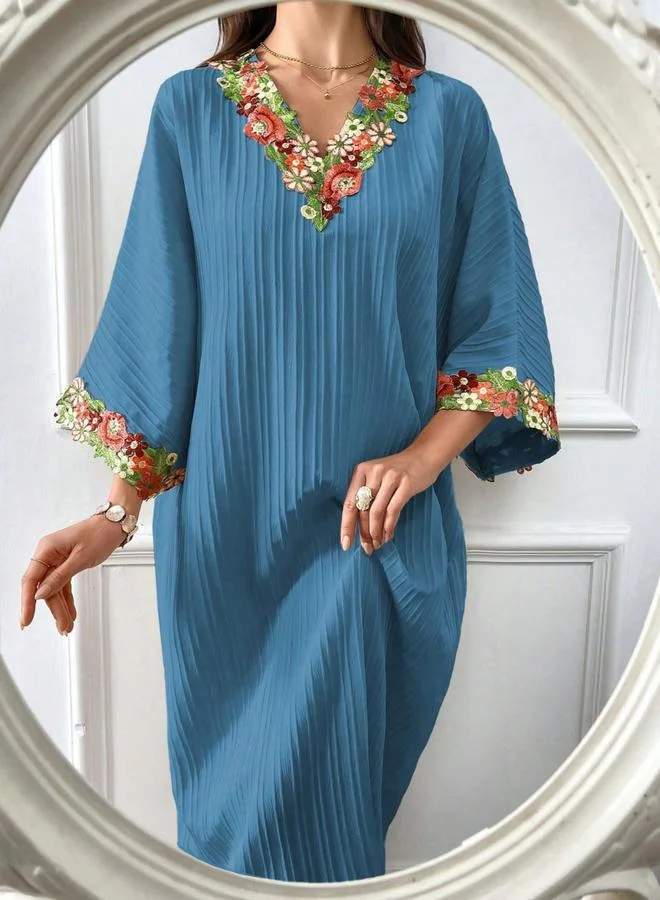 Take Two Women Textured Flower Patch Detail V Neck Jalabiya