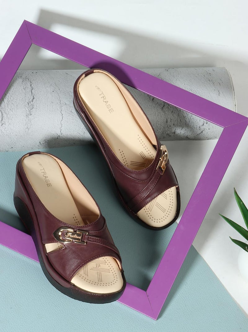 TRASE Women's Fashion Sandal, Faux Leather, Comfortable and Stylish Wedges| Soft Cushion Footbed For Women & Girls | For Casual Wear & Formal Wear Occasions (44046, Burgundy, 8 UK) - Image 4