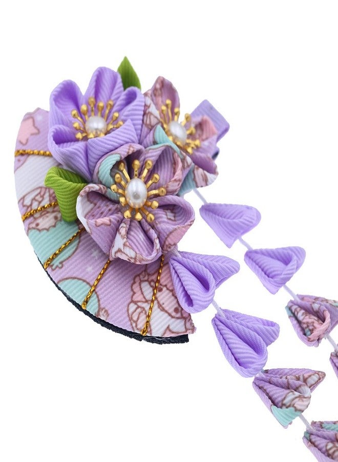 MIAO WU Japanese Style Women Flower Hair Clip Tassel Hair Ornament, Kimono Decor Fabric Hanfu Hairpin Accessories For Christmas Party Costume Gift (Purple) - Image 3