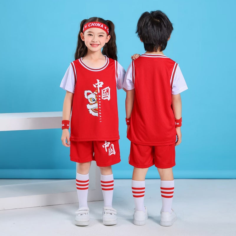 Children'S Basketball Clothes Suit Primary School Students Training Clothes Performance Clothes Fake Two Short Sleeve Training Kindergarten Ball Clothes - Image 1