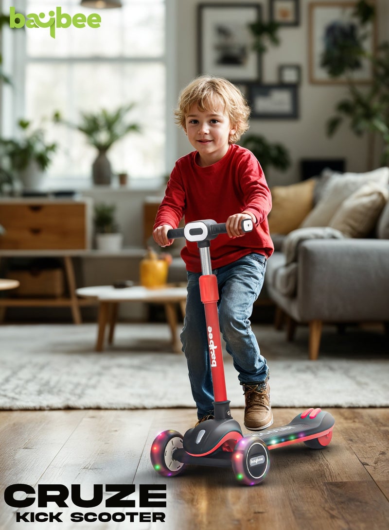 BAYBEE Baybee Cruze Skate Scooter for Kids 3 Wheel Kids Scooter with 3 Height Adjustable Baby Scooter with LED PU Wheels, Light & Music Kick Scooter for Baby Scooter for Kids 3 to 8 Years Boy Girl Red Black - Image 2
