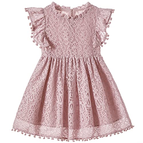 Niyage Toddler Girls Elegant Lace Pom Pom Flutter Sleeve Party Princess Dress Dusty Pink 80 - Image 1