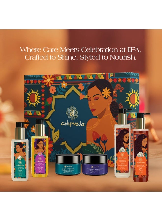 Ashpveda IIFA Exclusive Head to Toe Care Gift Set | Ayurvedic Face, Body & Hair Care Ritual Kit jasmine and mulberry body lotion 100ml, Kashmiri Saffron & Neem Face Wash 100ml, radiance cream 30g, night cream 30g, hair conditioner 200ml, hair wash 200ml - Image 3