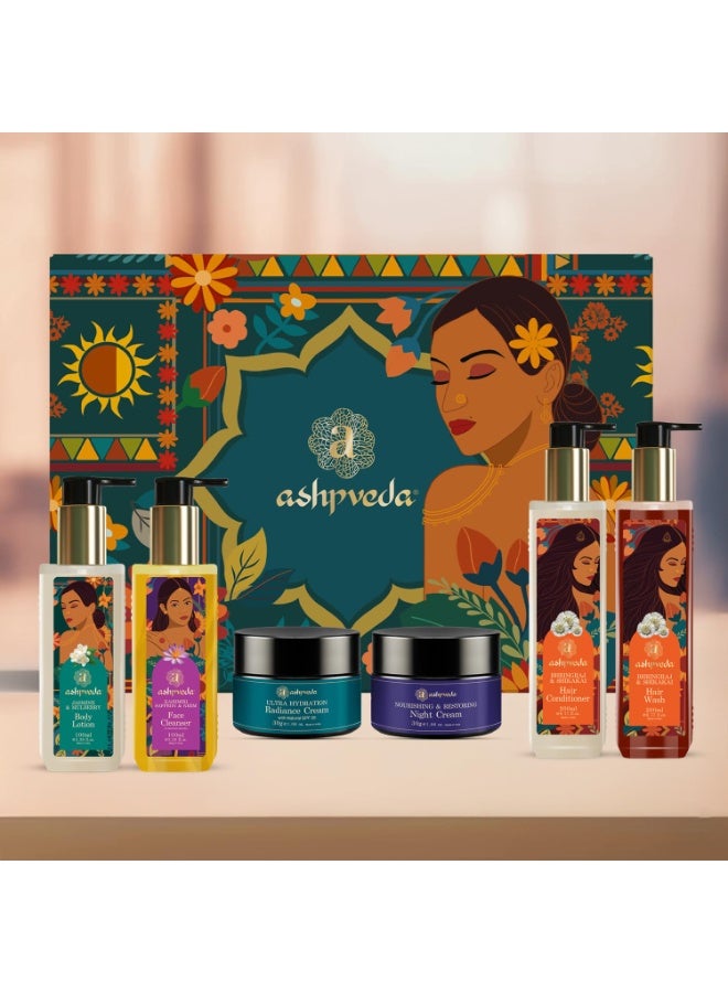 Ashpveda IIFA Exclusive Head to Toe Care Gift Set | Ayurvedic Face, Body & Hair Care Ritual Kit jasmine and mulberry body lotion 100ml, Kashmiri Saffron & Neem Face Wash 100ml, radiance cream 30g, night cream 30g, hair conditioner 200ml, hair wash 200ml - Image 1